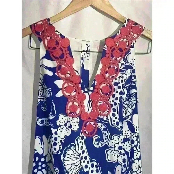 Lilly Pulitzer Augusta Shift Dress Deep Sea Blue Quahog Chowdah Lace Trim Size 6 - Picture 5 of 9